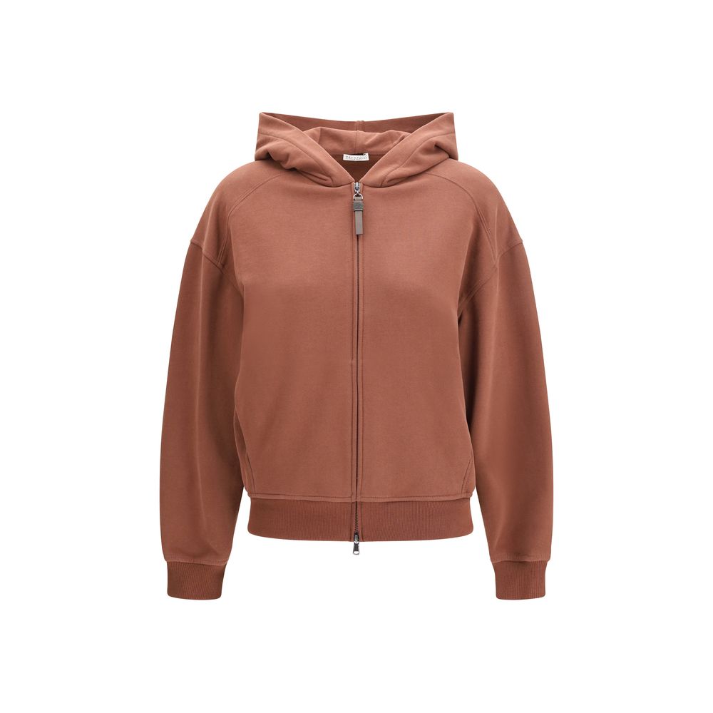 Hooded Smooth Cotton Sweatshirt with Shiny Zipper Pull