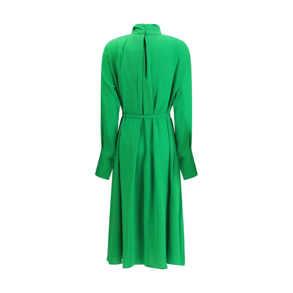 Grünes Midikleid mit Bindekragen und Gürtel