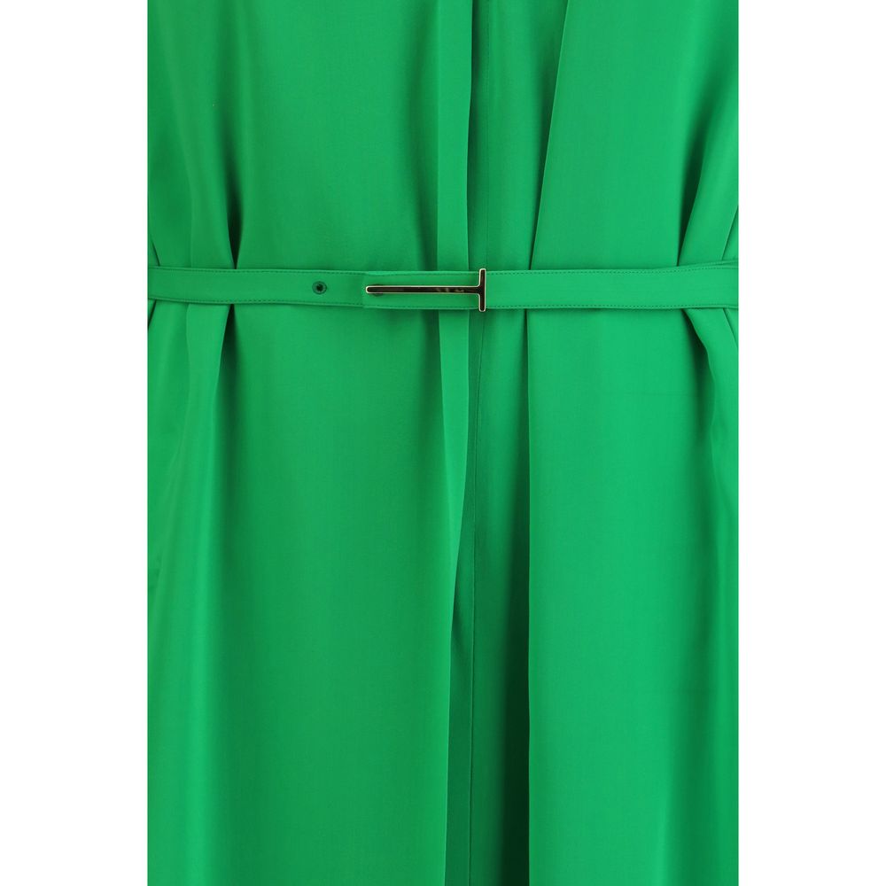 Grünes Midikleid mit Bindekragen und Gürtel