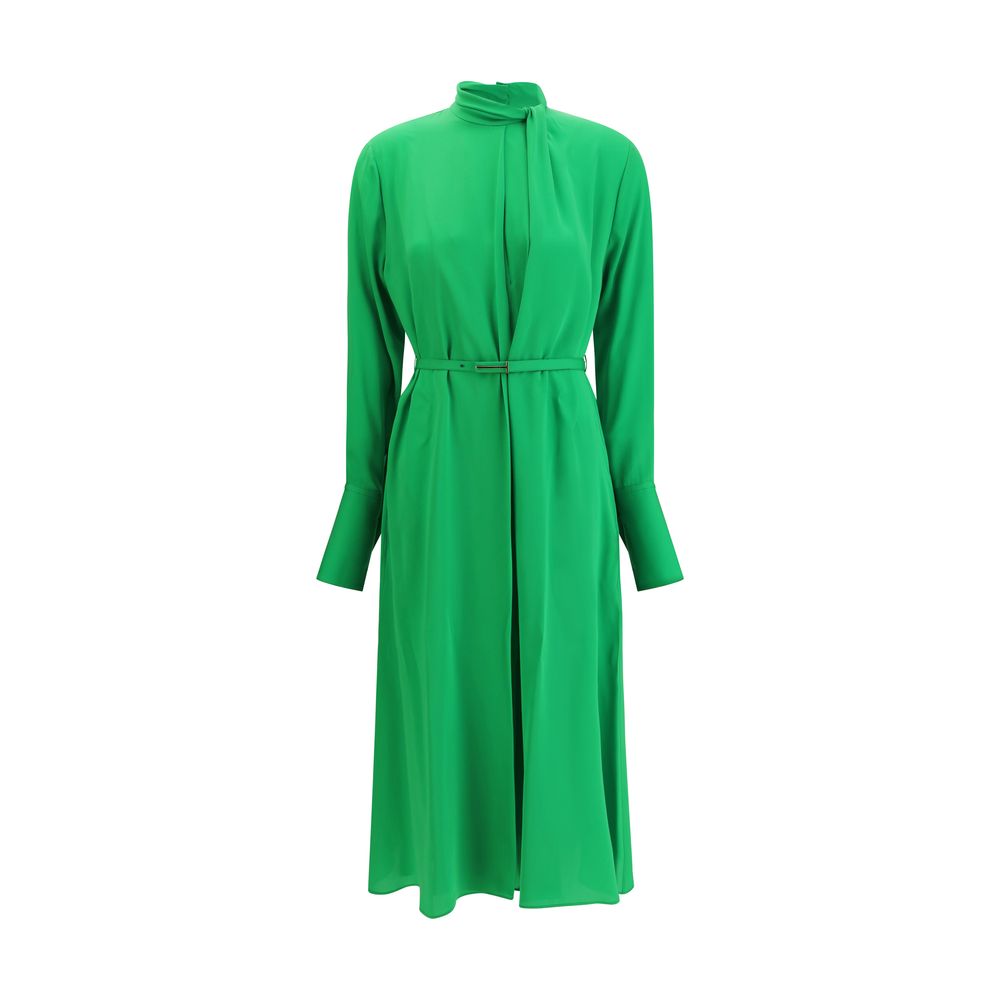 Grünes Midikleid mit Bindekragen und Gürtel