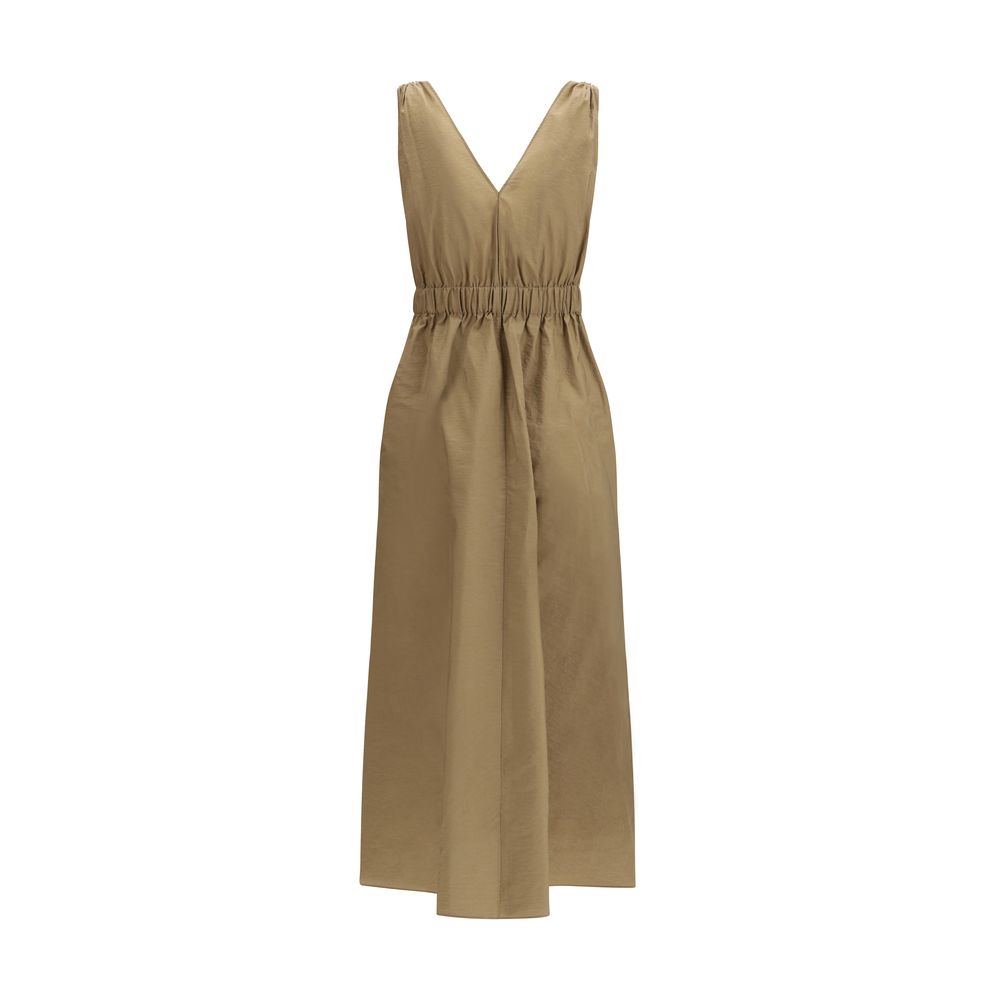 Abito midi beige con scollo a V e cintura