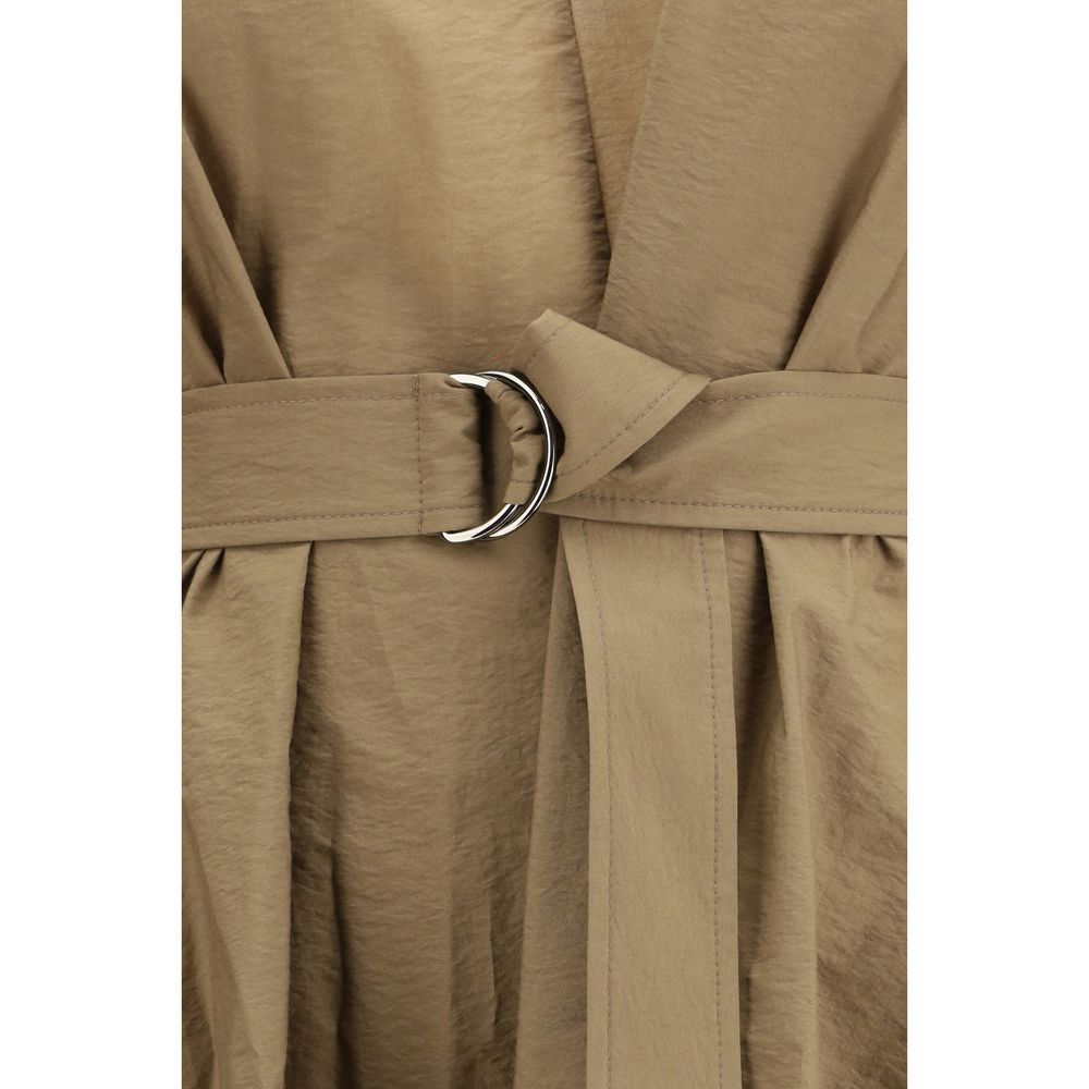 Abito midi beige con scollo a V e cintura