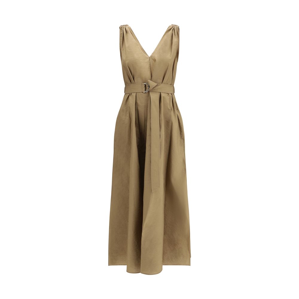 Abito midi beige con scollo a V e cintura