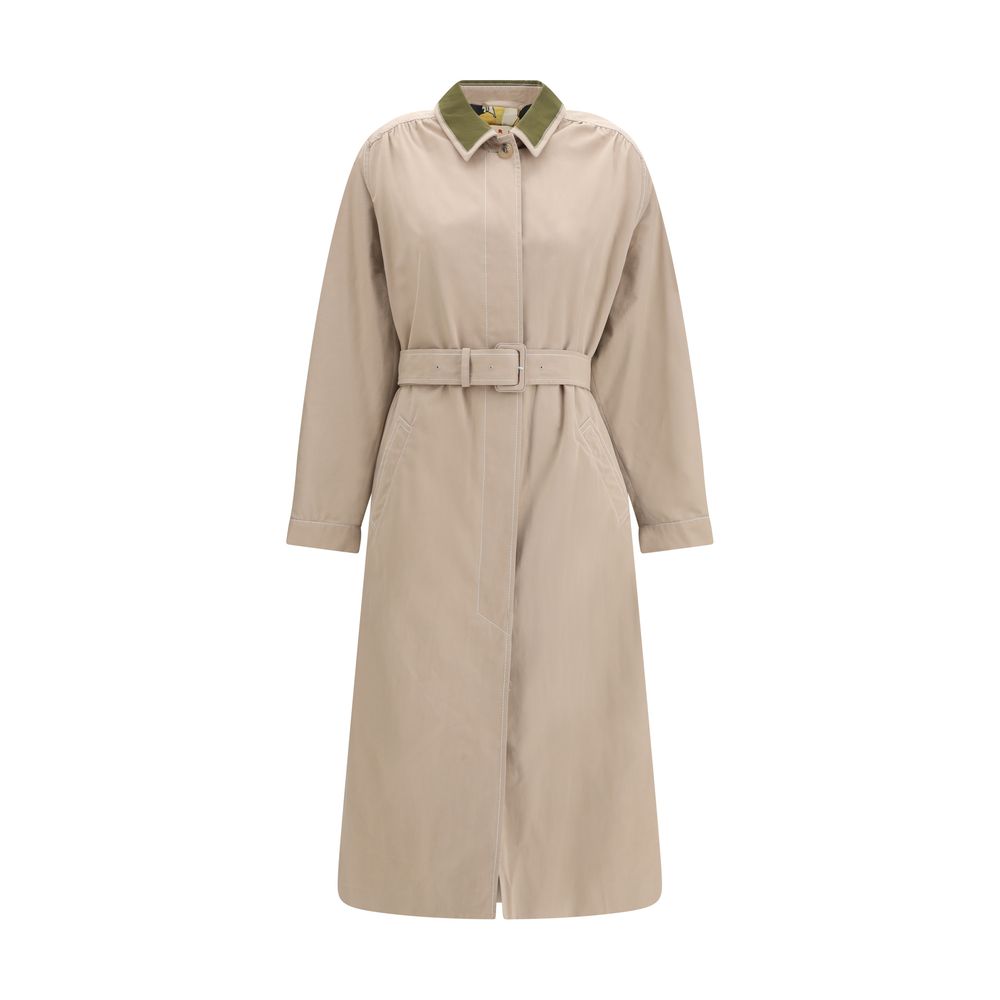 Contrast-collar Belted Trench Coat