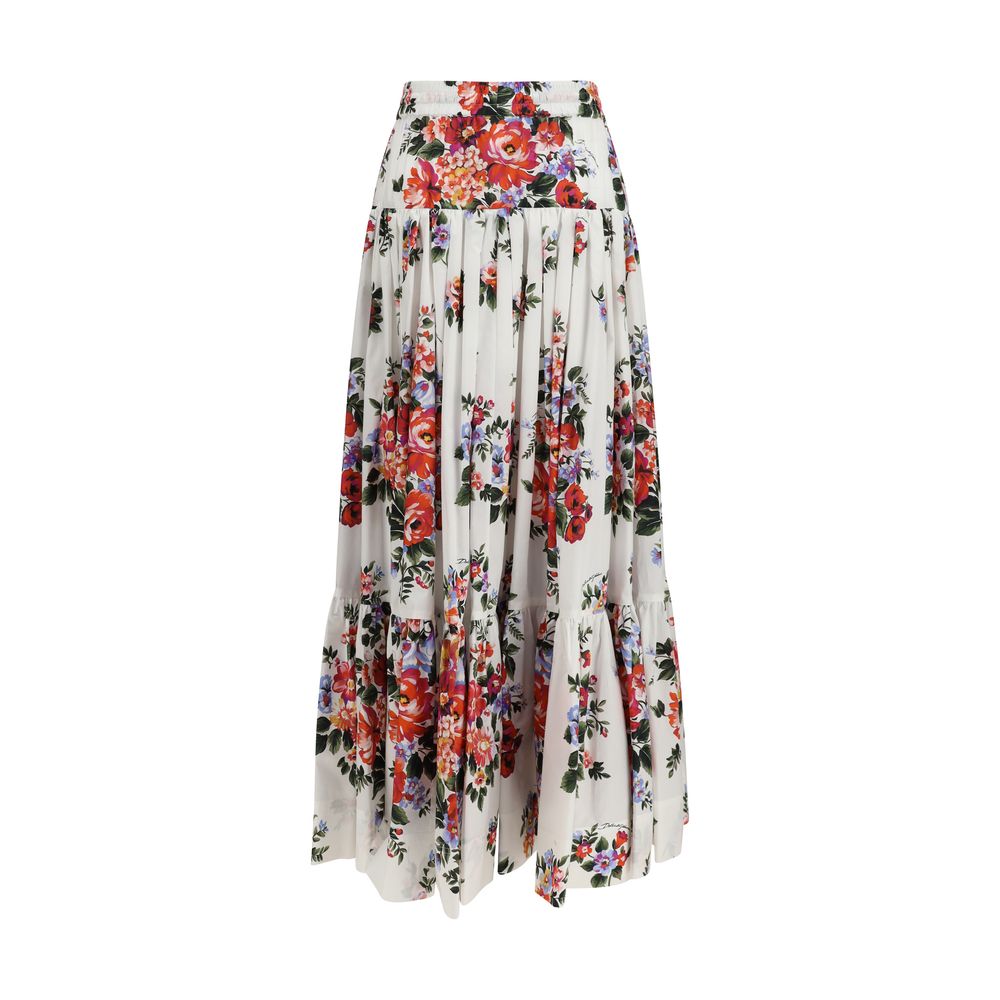 Flower Bouquet-Print Poplin Long Skirt