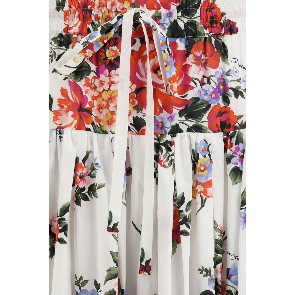 Flower Bouquet-Print Poplin Long Skirt