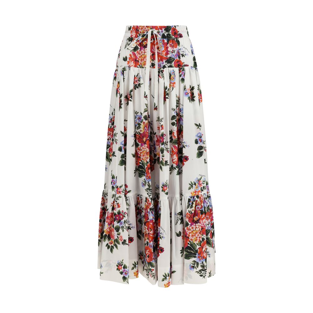 Flower Bouquet-Print Poplin Long Skirt