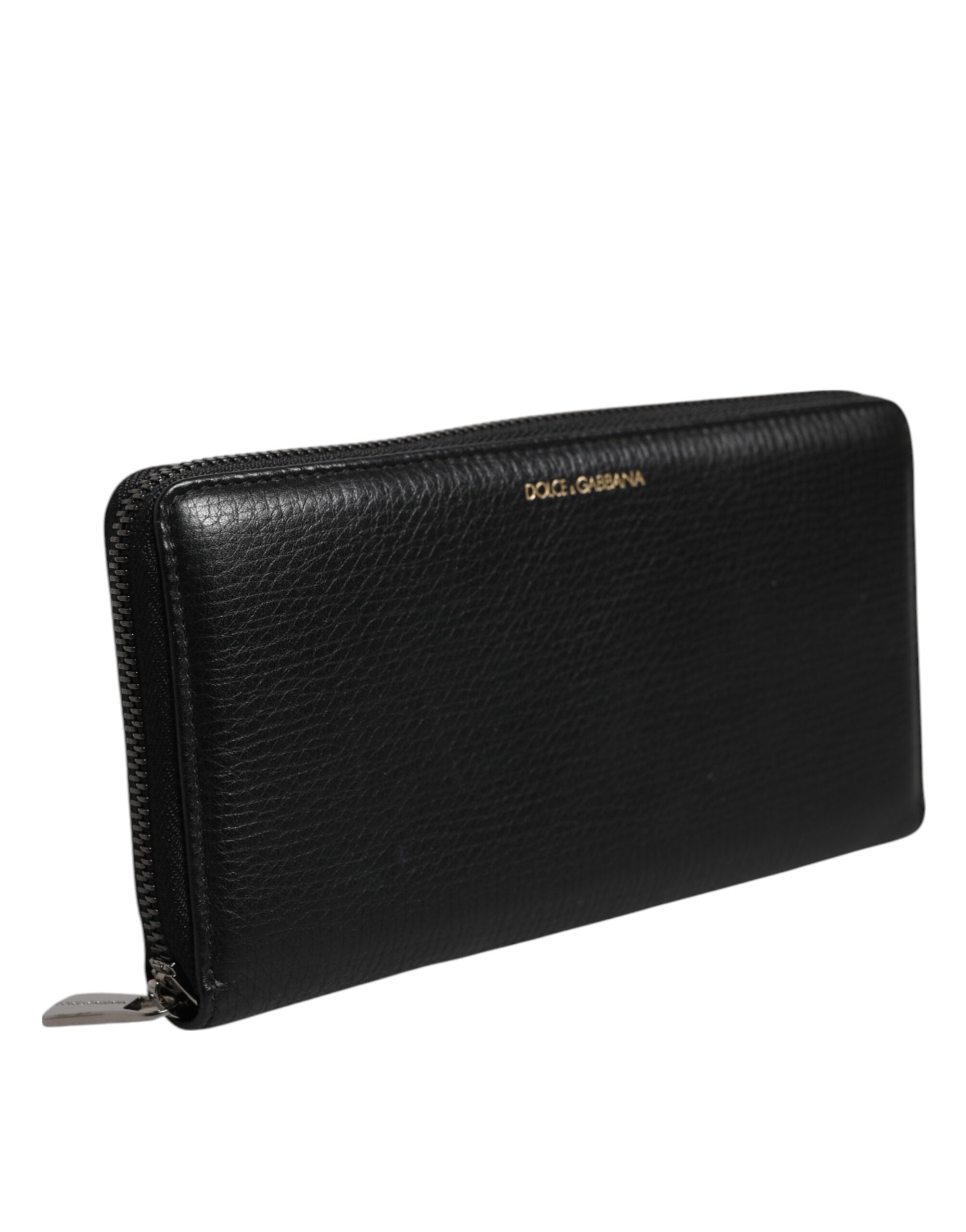 Black Calfskin Leather Logo Zip Around Continental Wallet